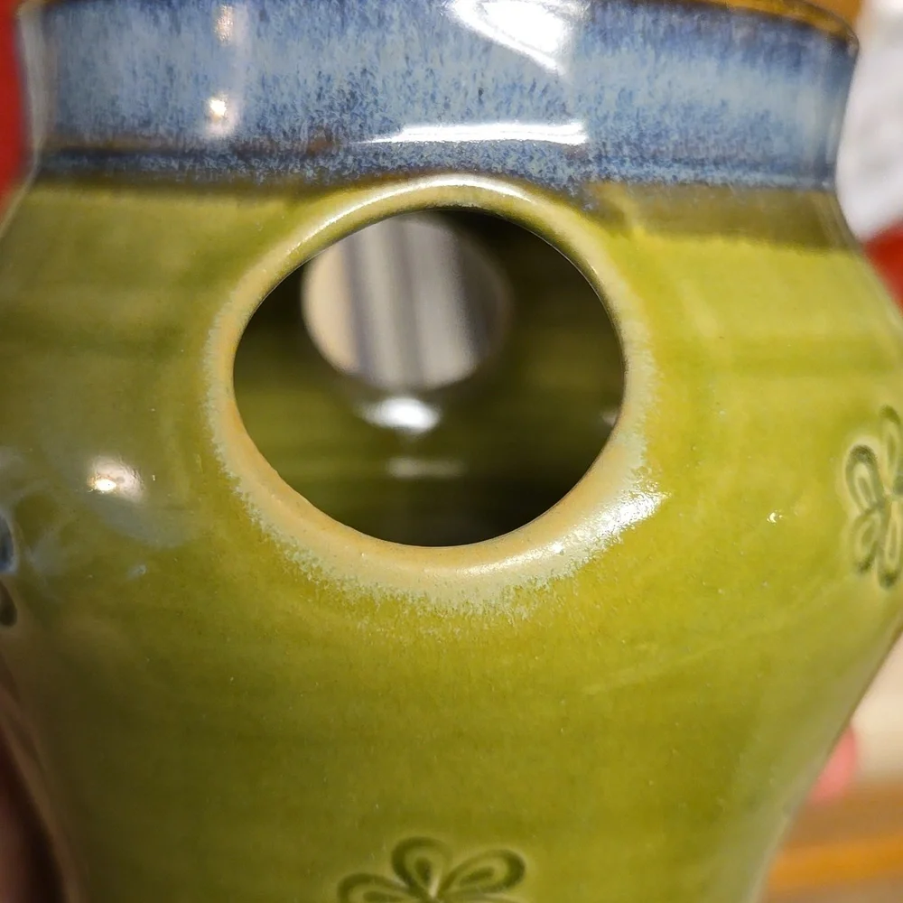 Pottery toothbrush toothpaste holder blue and green floral